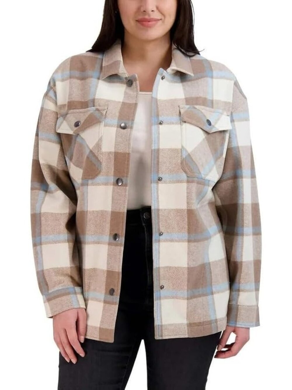 HFX Women's XXL Beige & Blue Plaid Flannel Button-Up Shirt Jacket Wool Blend